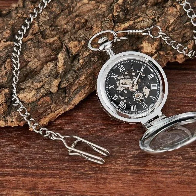 Olaf Orkina Mechanical Skeleton Pocket Watch Silver