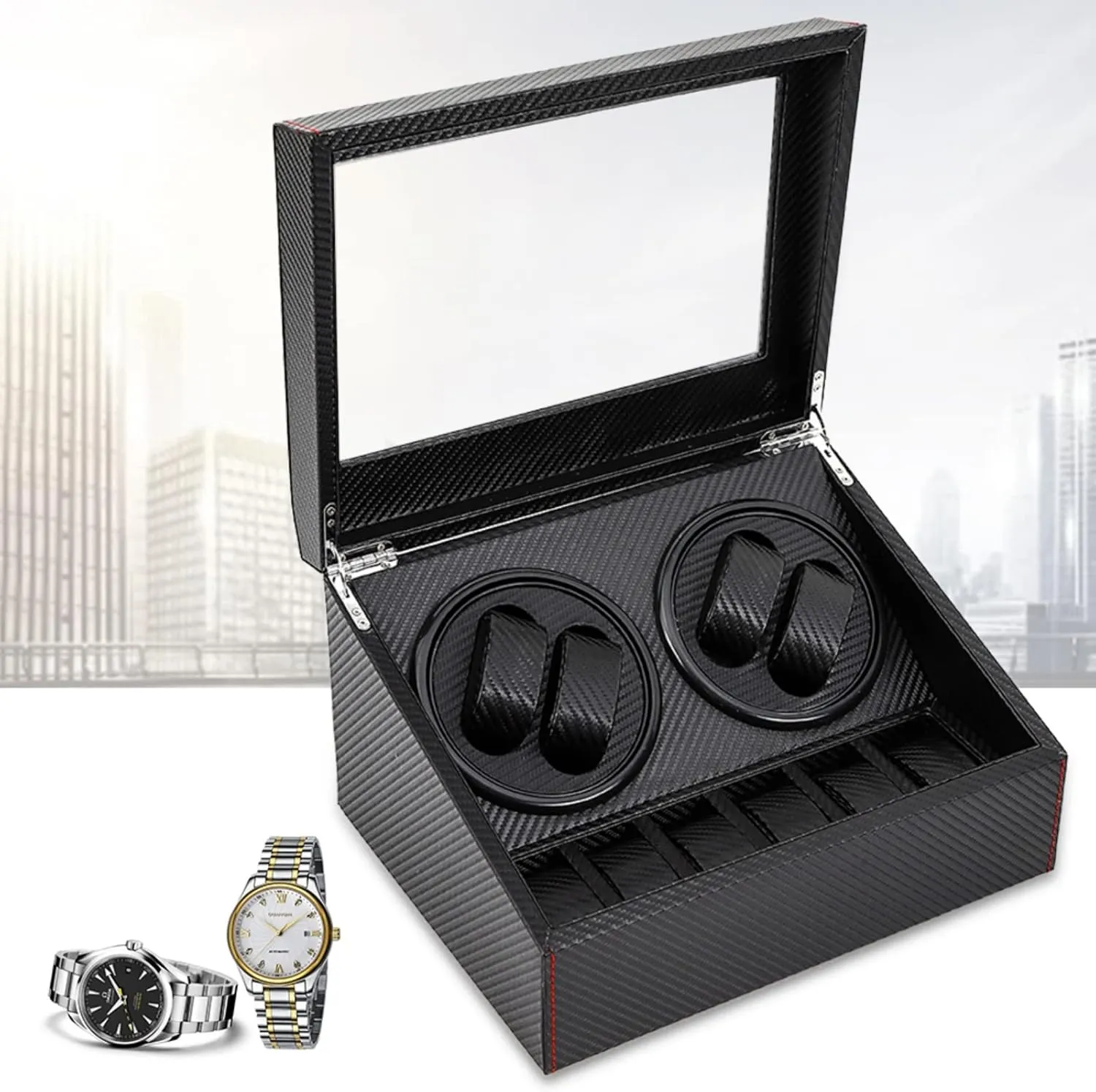 Organizer 2 Motor Luxury Fiber Leather Storage Case for Man/Woman's Watches 4 6 Automatic Rotation Watch Winder Carbon Fiber Watch Display Box Storage Case, Watch Display Box Case dry Thames clip terrain courageous Storage 