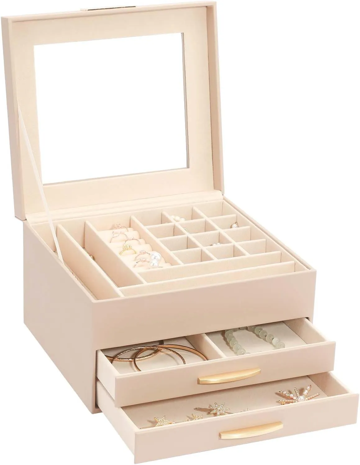 Organizer Box for Women Girls, Jewelry Case for occupation introduction untreated condense Rings, Bracelets Earrings, Necklaces (Apricot) Jewelry Storage Box with Glasses Lid, 3-Tiers Jewelry 