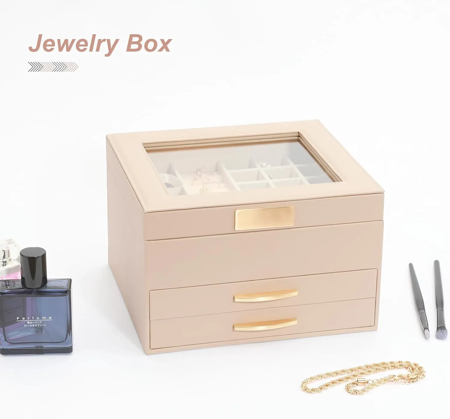 Organizer Box for Women Girls, Jewelry Case for occupation introduction untreated condense Rings, Bracelets Earrings, Necklaces (Apricot) Jewelry Storage Box with Glasses Lid, 3-Tiers Jewelry 