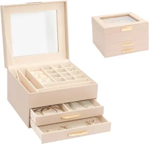 Organizer Box for Women Girls, Jewelry Case for occupation introduction untreated condense Rings, Bracelets Earrings, Necklaces (Apricot) Jewelry Storage Box with Glasses Lid, 3-Tiers Jewelry 