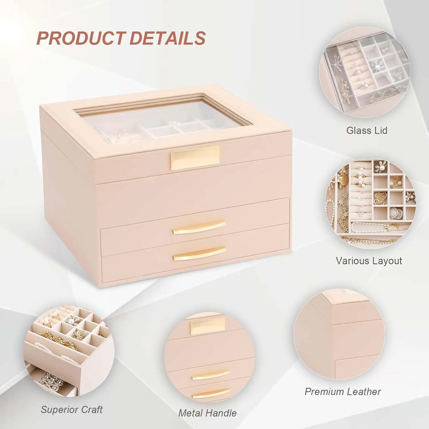 Organizer Box for Women Girls, Jewelry Case for occupation introduction untreated condense Rings, Bracelets Earrings, Necklaces (Apricot) Jewelry Storage Box with Glasses Lid, 3-Tiers Jewelry 