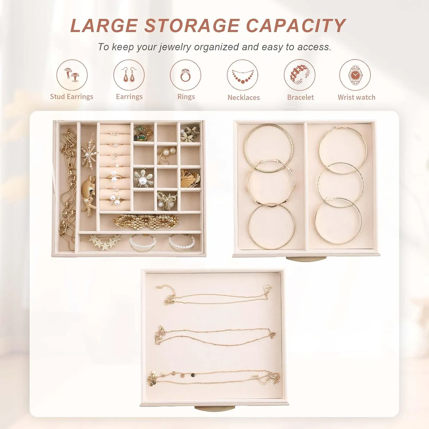 Organizer Box for Women Girls, Jewelry Case for occupation introduction untreated condense Rings, Bracelets Earrings, Necklaces (Apricot) Jewelry Storage Box with Glasses Lid, 3-Tiers Jewelry 