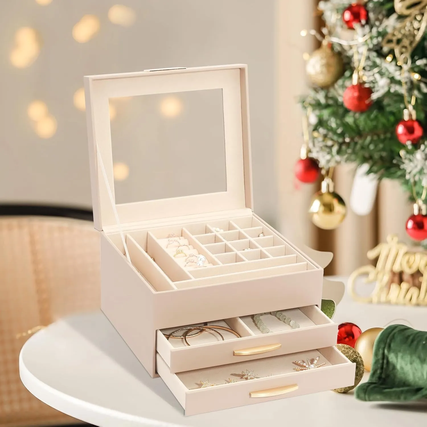Organizer Box for Women Girls, Jewelry Case for occupation introduction untreated condense Rings, Bracelets Earrings, Necklaces (Apricot) Jewelry Storage Box with Glasses Lid, 3-Tiers Jewelry 