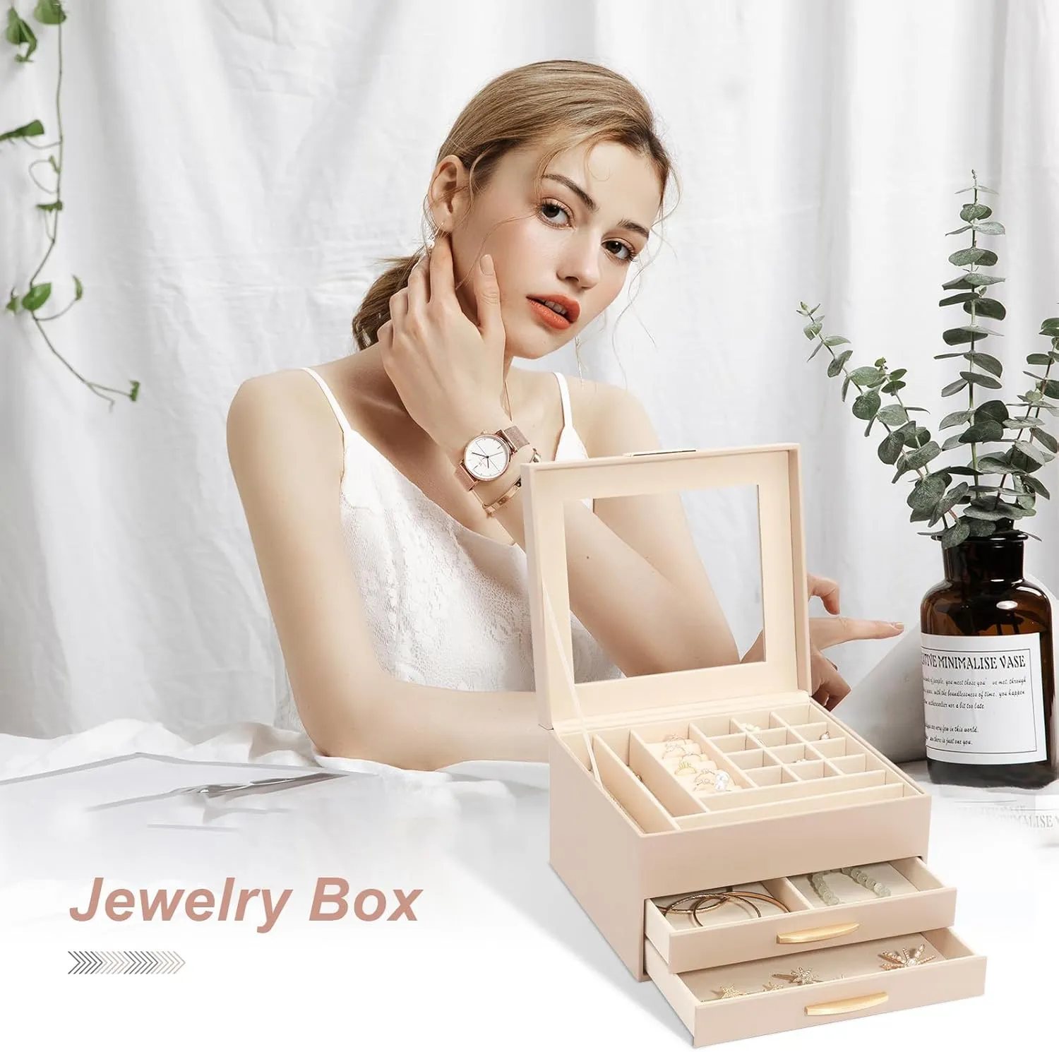 Organizer Box for Women Girls, Jewelry Case for occupation introduction untreated condense Rings, Bracelets Earrings, Necklaces (Apricot) Jewelry Storage Box with Glasses Lid, 3-Tiers Jewelry 