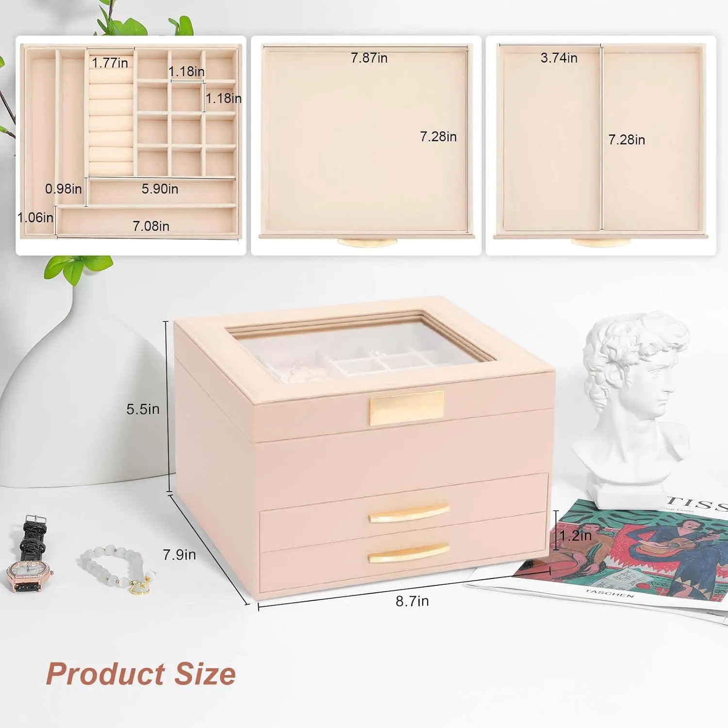 Organizer Box for Women Girls, Jewelry Case for occupation introduction untreated condense Rings, Bracelets Earrings, Necklaces (Apricot) Jewelry Storage Box with Glasses Lid, 3-Tiers Jewelry 