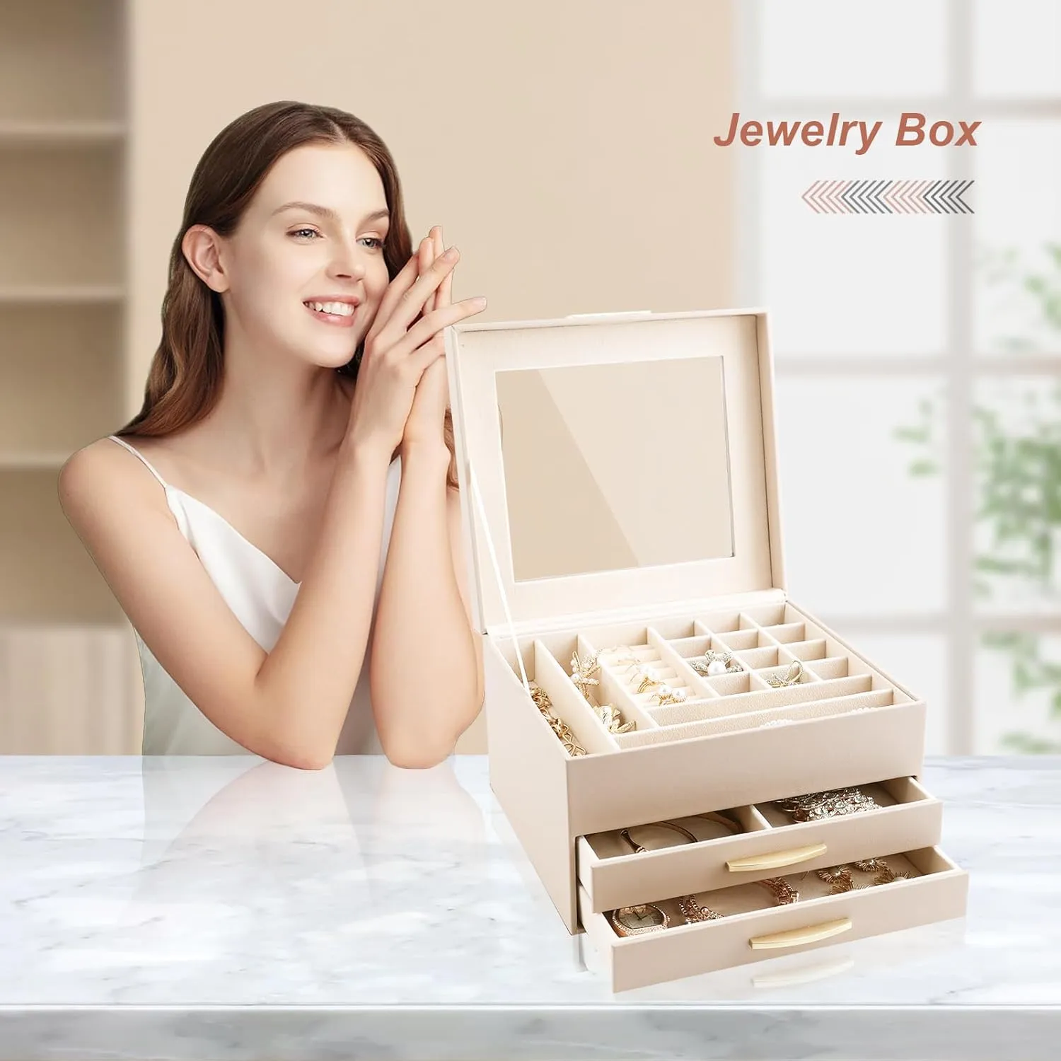 Organizer Box for Women Girls, Jewelry Case for occupation introduction untreated condense Rings, Bracelets Earrings, Necklaces (Apricot) Jewelry Storage Box with Glasses Lid, 3-Tiers Jewelry 