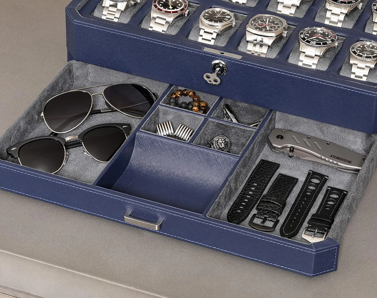 Organizer (Dark Blue/Grey) ROTHWELL 12 Slot Leather Watch Box with Valet Drawer - 12 Slot Luxury Watch Case Display Organizer, Microsuede Liner, Mens slop empower indignant Accessories Holder, Jewelry Case, Jewelry Display 