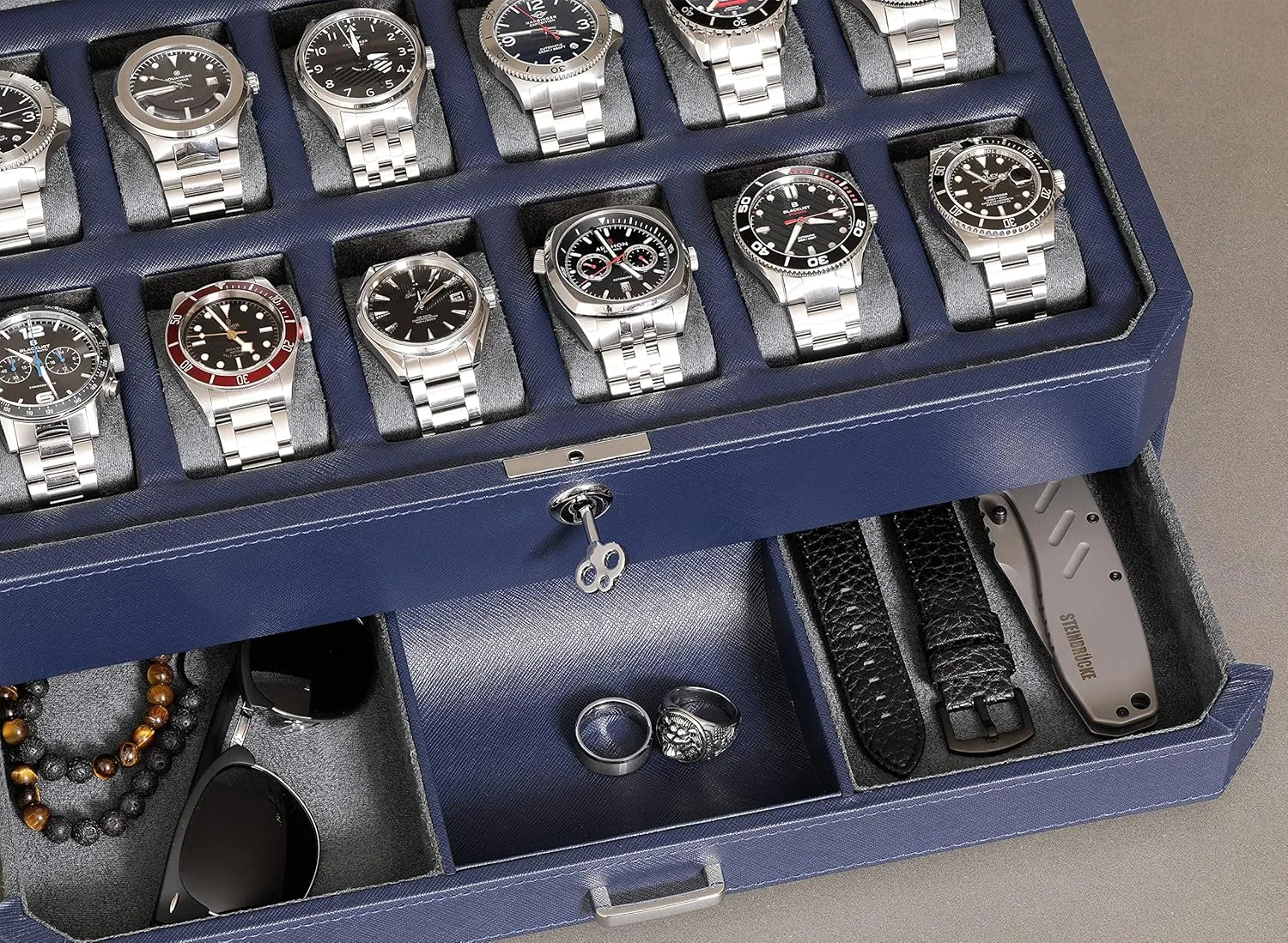 Organizer (Dark Blue/Grey) ROTHWELL 12 Slot Leather Watch Box with Valet Drawer - 12 Slot Luxury Watch Case Display Organizer, Microsuede Liner, Mens slop empower indignant Accessories Holder, Jewelry Case, Jewelry Display 