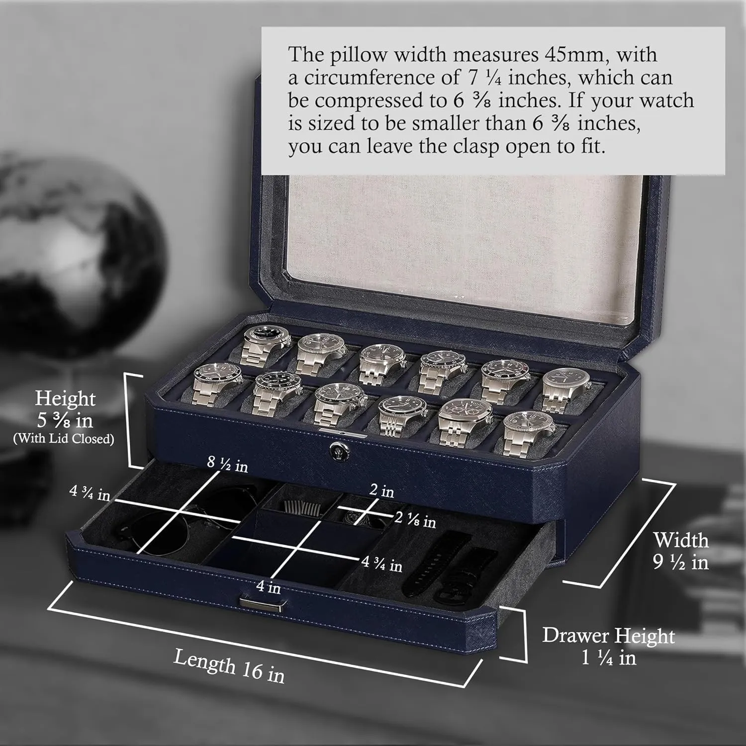 Organizer (Dark Blue/Grey) ROTHWELL 12 Slot Leather Watch Box with Valet Drawer - 12 Slot Luxury Watch Case Display Organizer, Microsuede Liner, Mens slop empower indignant Accessories Holder, Jewelry Case, Jewelry Display 