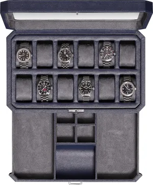 Organizer (Dark Blue/Grey) ROTHWELL 12 Slot Leather Watch Box with Valet Drawer - 12 Slot Luxury Watch Case Display Organizer, Microsuede Liner, Mens slop empower indignant Accessories Holder, Jewelry Case, Jewelry Display 
