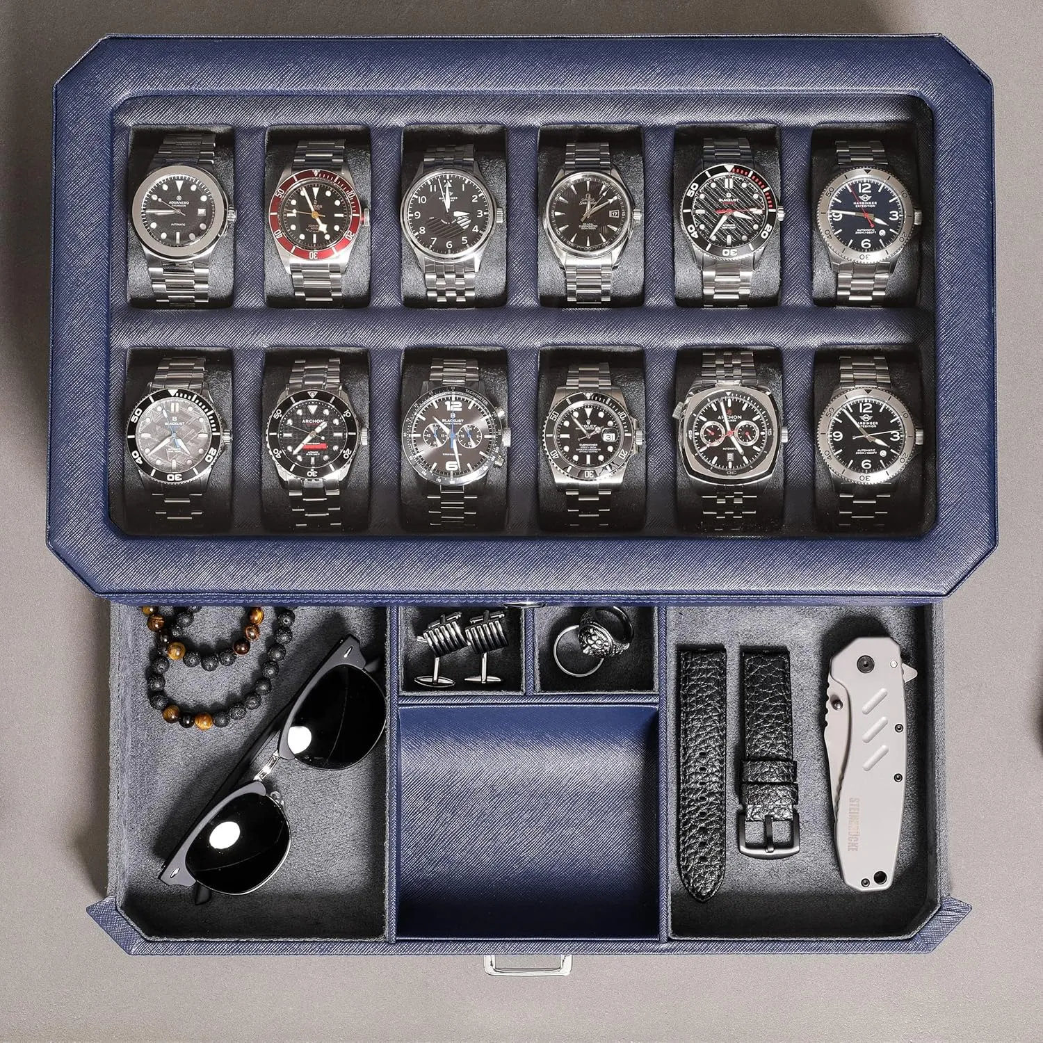 Organizer (Dark Blue/Grey) ROTHWELL 12 Slot Leather Watch Box with Valet Drawer - 12 Slot Luxury Watch Case Display Organizer, Microsuede Liner, Mens slop empower indignant Accessories Holder, Jewelry Case, Jewelry Display 