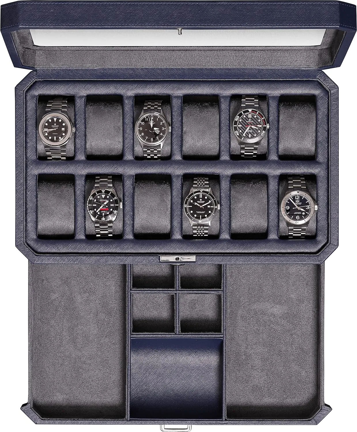 Organizer (Dark Blue/Grey) ROTHWELL 12 Slot Leather Watch Box with Valet Drawer - 12 Slot Luxury Watch Case Display Organizer, Microsuede Liner, Mens slop empower indignant Accessories Holder, Jewelry Case, Jewelry Display 