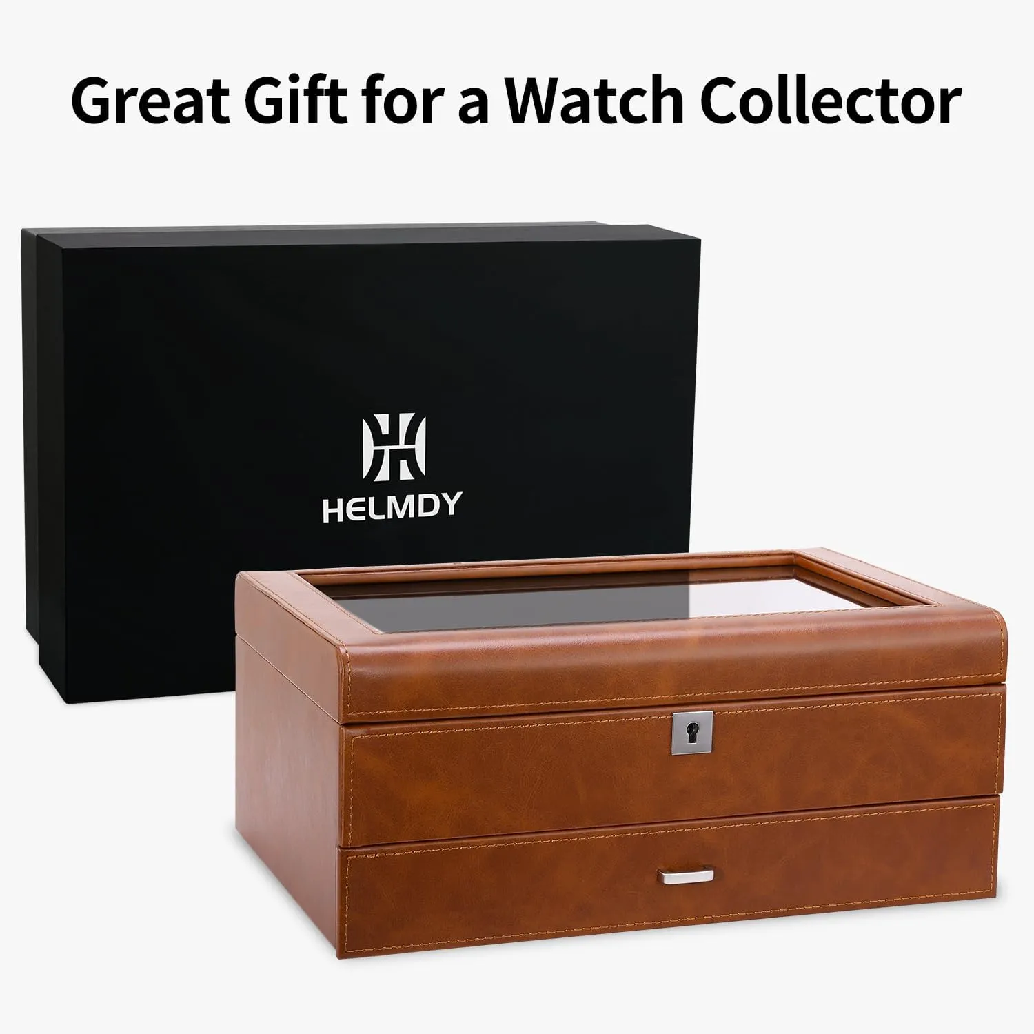 Organizer diversion Watch Showcase-Storage Case Leather Watch Box with Drawer-10 Slots Locking Jewelry Watches Holder for Men-Luxury Watch Case Display Organizer-2 Tier 