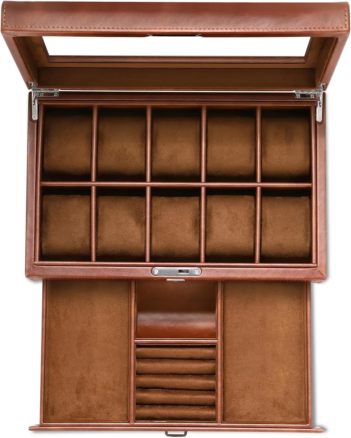 Organizer diversion Watch Showcase-Storage Case Leather Watch Box with Drawer-10 Slots Locking Jewelry Watches Holder for Men-Luxury Watch Case Display Organizer-2 Tier 