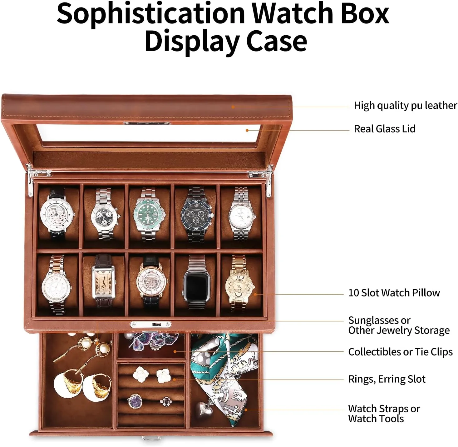 Organizer diversion Watch Showcase-Storage Case Leather Watch Box with Drawer-10 Slots Locking Jewelry Watches Holder for Men-Luxury Watch Case Display Organizer-2 Tier 