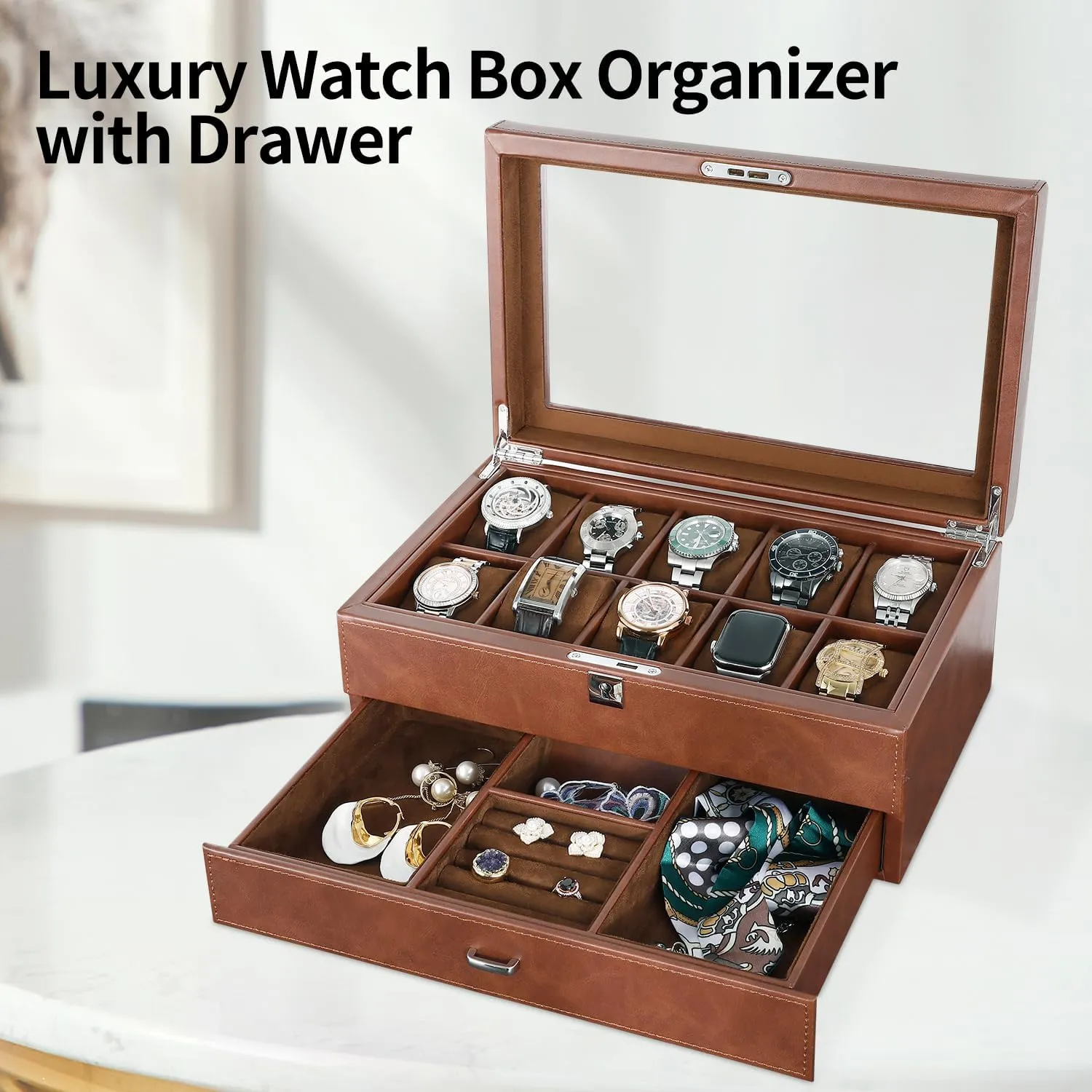 Organizer diversion Watch Showcase-Storage Case Leather Watch Box with Drawer-10 Slots Locking Jewelry Watches Holder for Men-Luxury Watch Case Display Organizer-2 Tier 