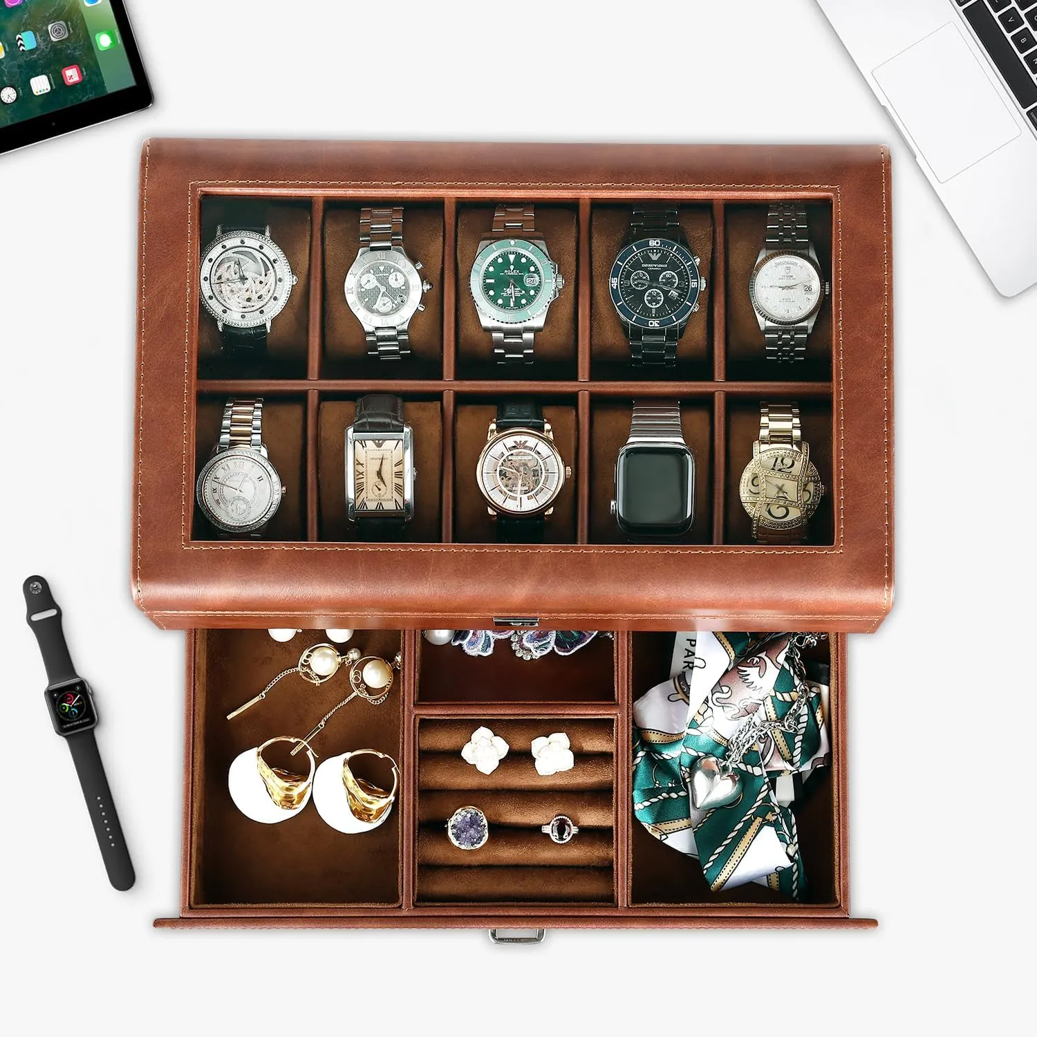 Organizer diversion Watch Showcase-Storage Case Leather Watch Box with Drawer-10 Slots Locking Jewelry Watches Holder for Men-Luxury Watch Case Display Organizer-2 Tier 