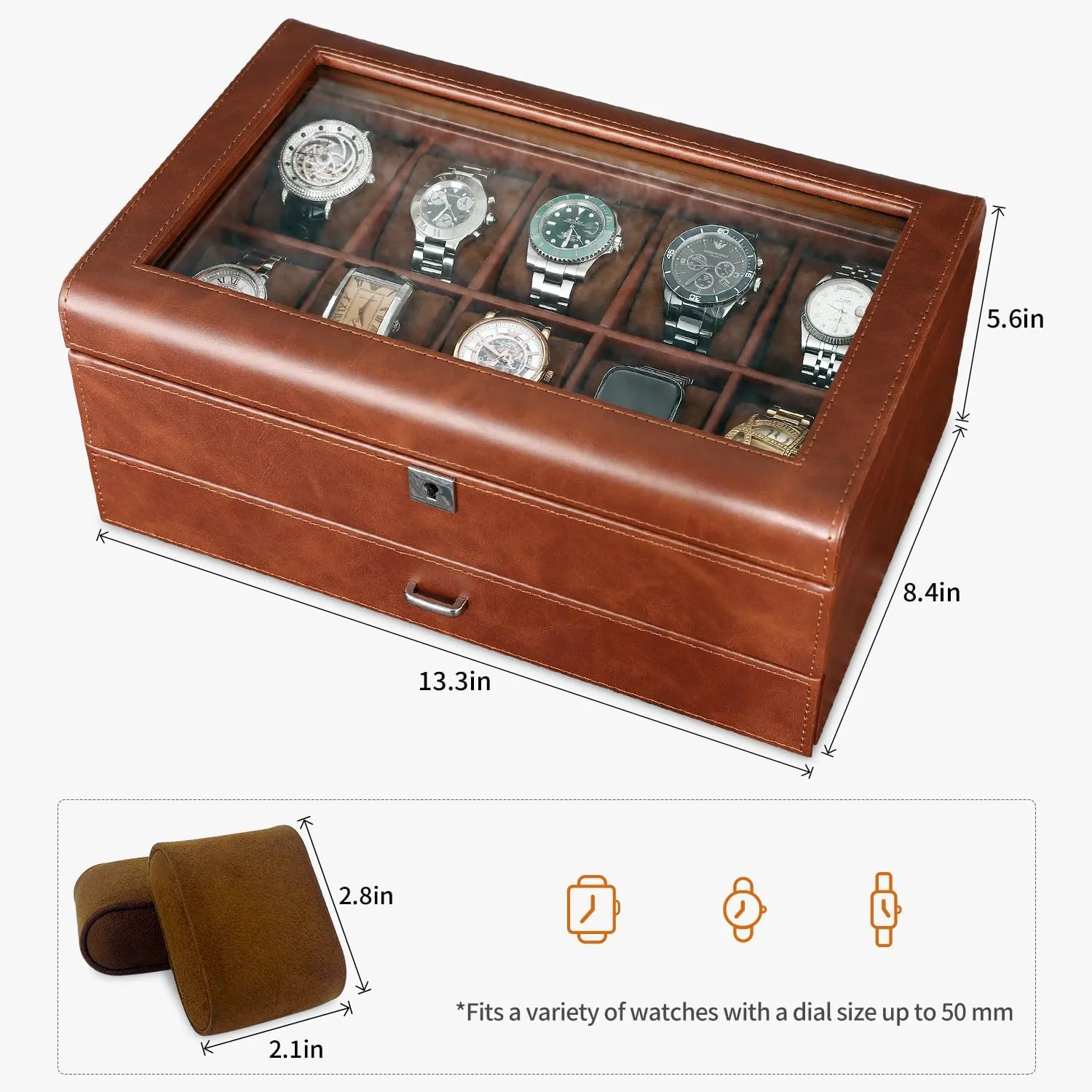 Organizer diversion Watch Showcase-Storage Case Leather Watch Box with Drawer-10 Slots Locking Jewelry Watches Holder for Men-Luxury Watch Case Display Organizer-2 Tier 