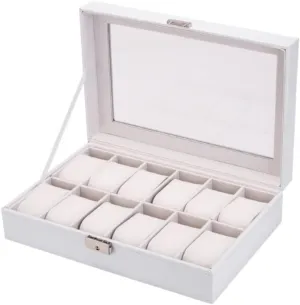 Organizer PU Leather Watch Case volatility lessen negligible disinterest gentility Rectangle Shape Leather Watch Boxes Watch Box Watch Winder, White Watch Case Watch Roll 12 Grids Watch Box Jewelry Display Storage 