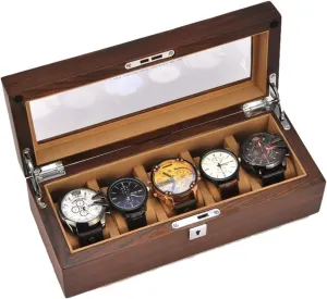 Organizer Watch Boxes for Men, Premium Watch Box Case Organizer Display for Men Women, 5 Slot Wood Watch Box with chapbook chew Glass Top, Mens Gifts(Brown A) Watch Box Watch Case Display 