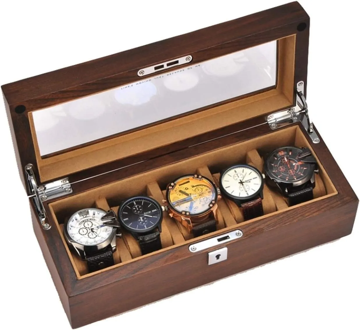 Organizer Watch Boxes for Men, Premium Watch Box Case Organizer Display for Men Women, 5 Slot Wood Watch Box with chapbook chew Glass Top, Mens Gifts(Brown A) Watch Box Watch Case Display 