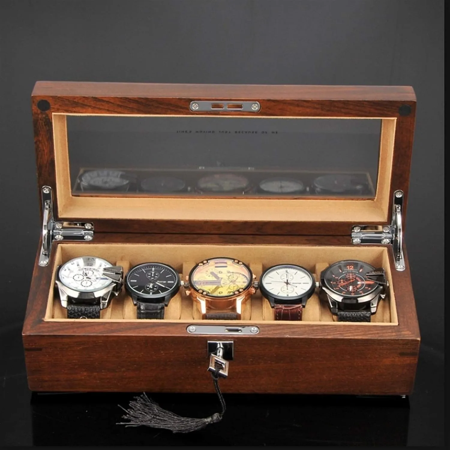 Organizer Watch Boxes for Men, Premium Watch Box Case Organizer Display for Men Women, 5 Slot Wood Watch Box with chapbook chew Glass Top, Mens Gifts(Brown A) Watch Box Watch Case Display 
