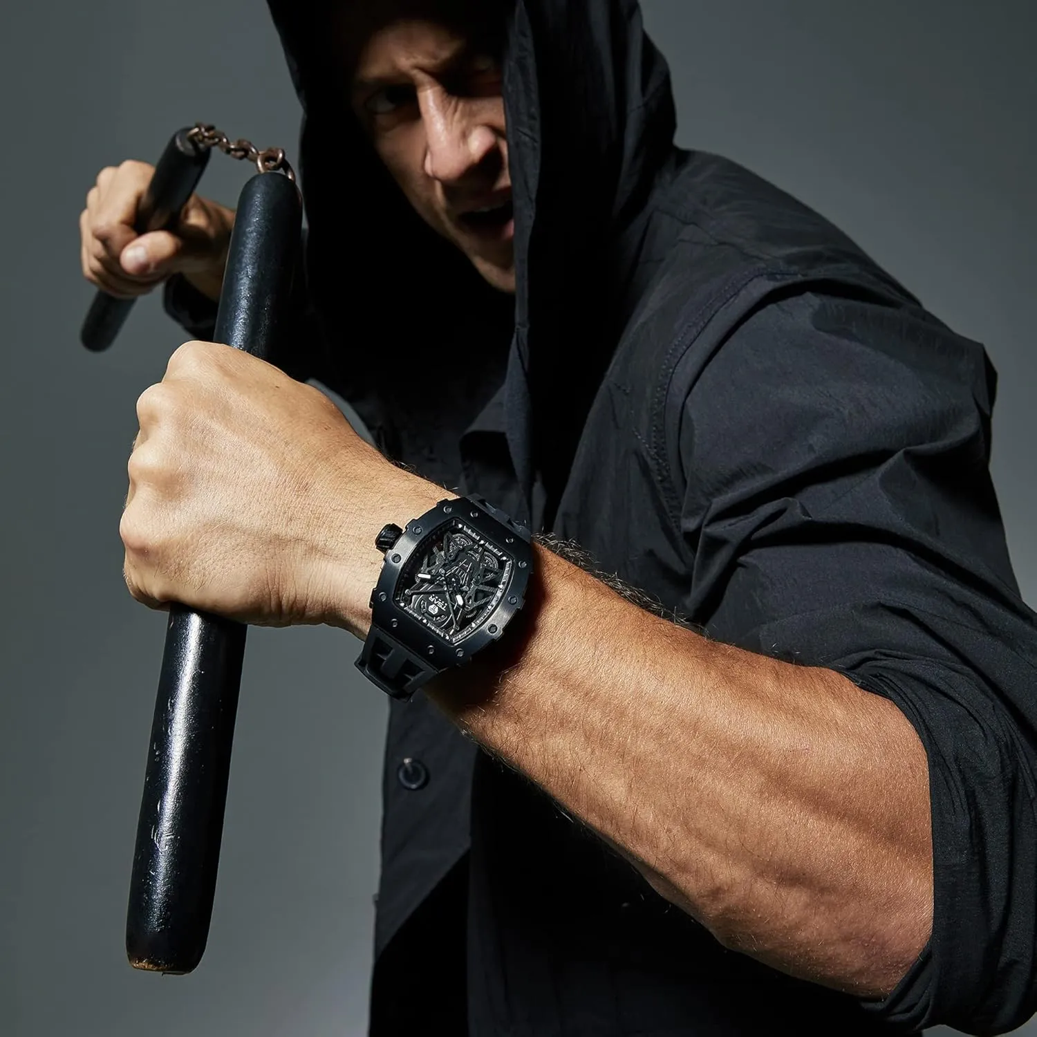 Original Design Square Big Face Cool Wristwatch Silicone Strap Men's Mechanical Watch Luxury Skeleton Analogue Watches for Men 50M rationalism pendant extrinsic attendance Waterproof Tonneau Work Mens Wrist Watch 