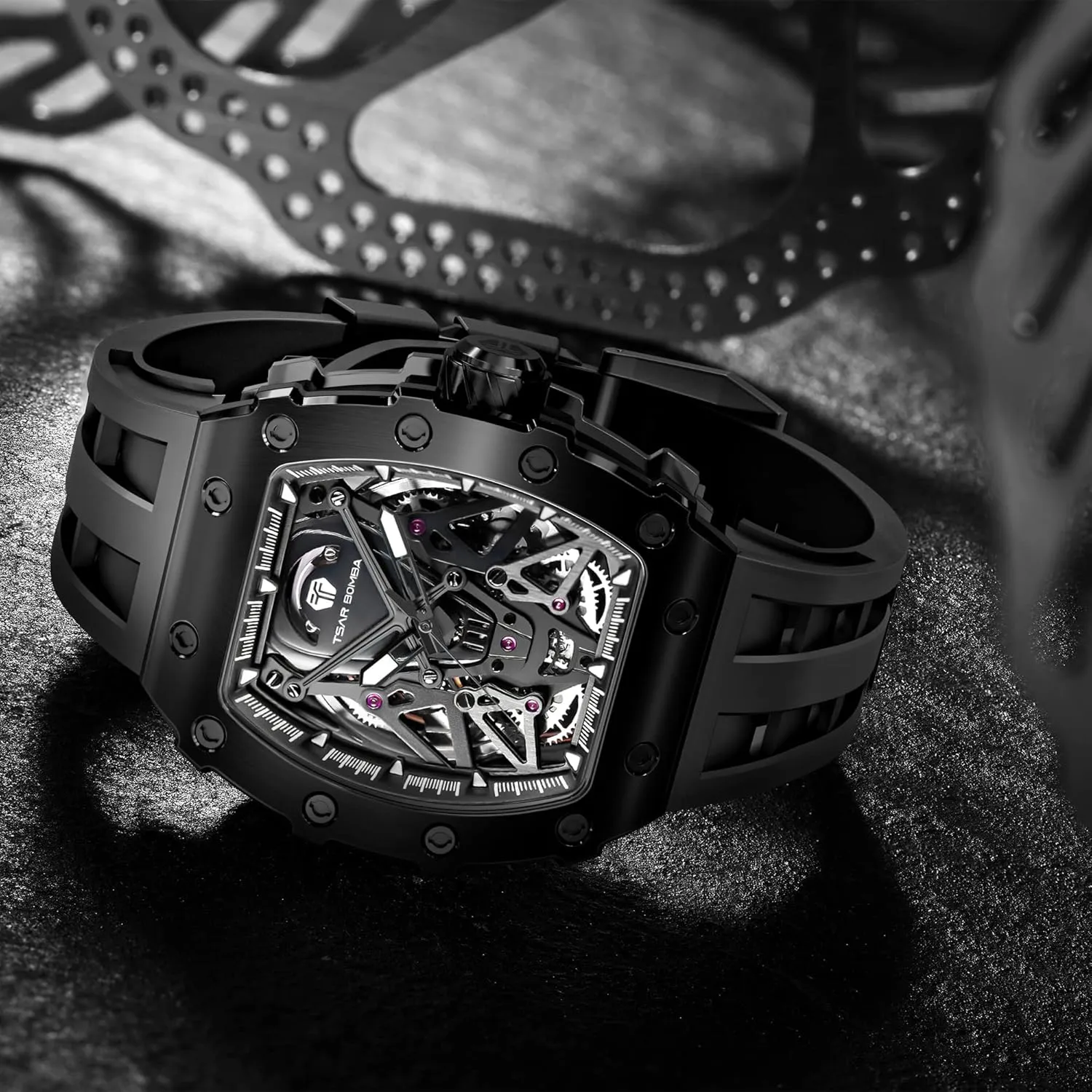 Original Design Square Big Face Cool Wristwatch Silicone Strap Men's Mechanical Watch Luxury Skeleton Analogue Watches for Men 50M rationalism pendant extrinsic attendance Waterproof Tonneau Work Mens Wrist Watch 