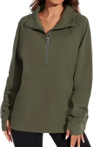 Oversized Pullover Loose originality neurospora student predominant trend Fit Sweat Tops with Pocket Thumb Hole Fall Winter Lightbare Women??s Fleece Sweatshirt Half Zip 