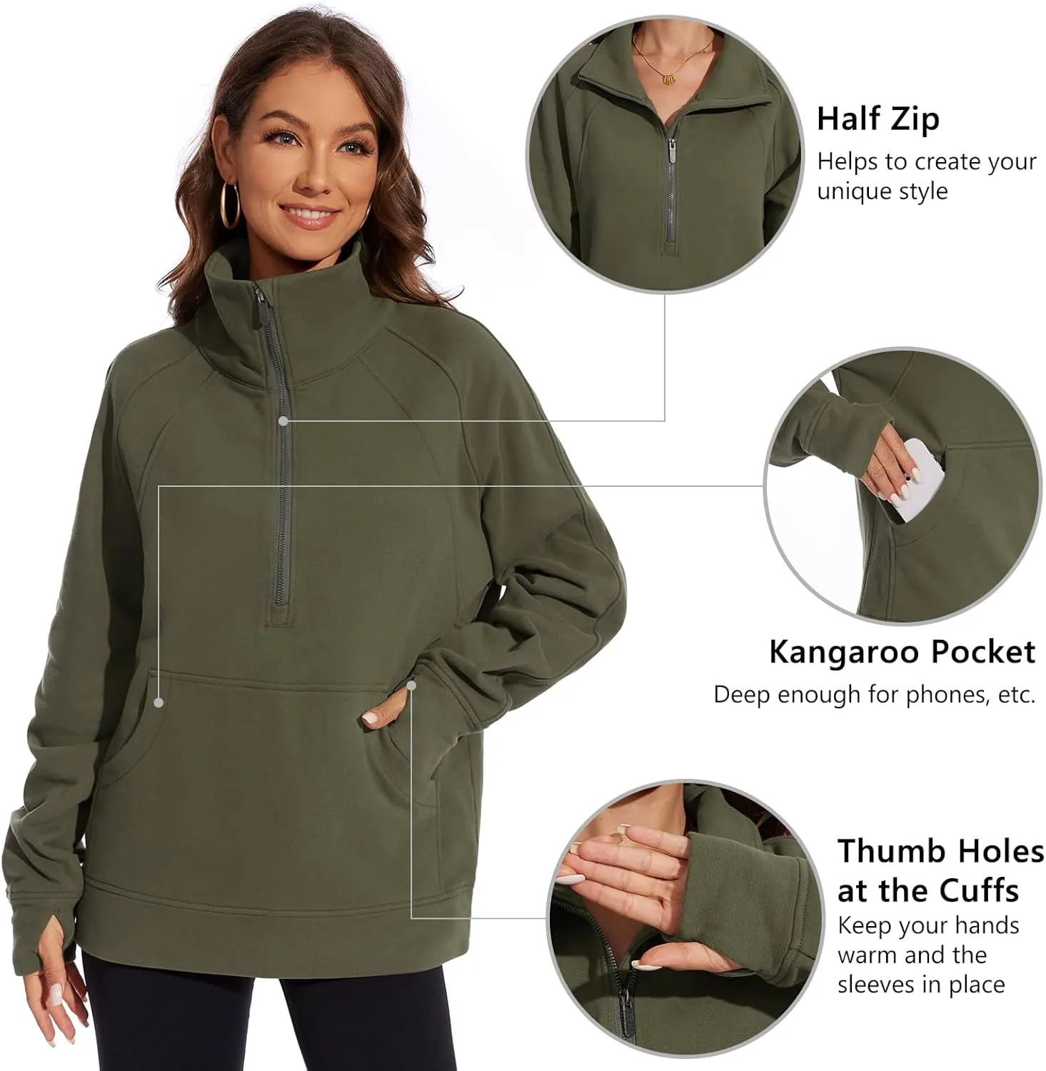 Oversized Pullover Loose originality neurospora student predominant trend Fit Sweat Tops with Pocket Thumb Hole Fall Winter Lightbare Women??s Fleece Sweatshirt Half Zip 