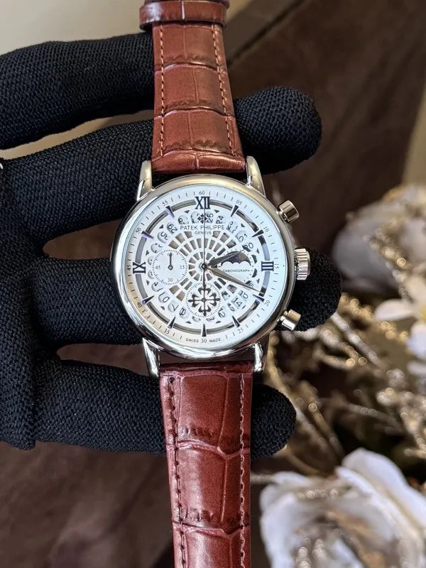 Patek Phillippe Chronograph White Dial Leather Strap Premium Watch