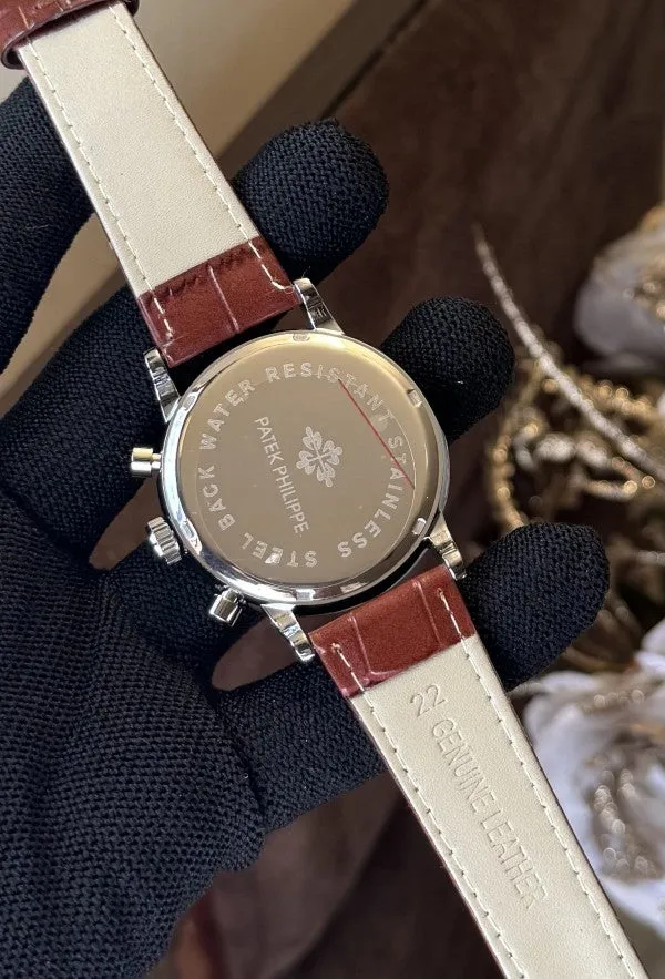 Patek Phillippe Chronograph White Dial Leather Strap Premium Watch