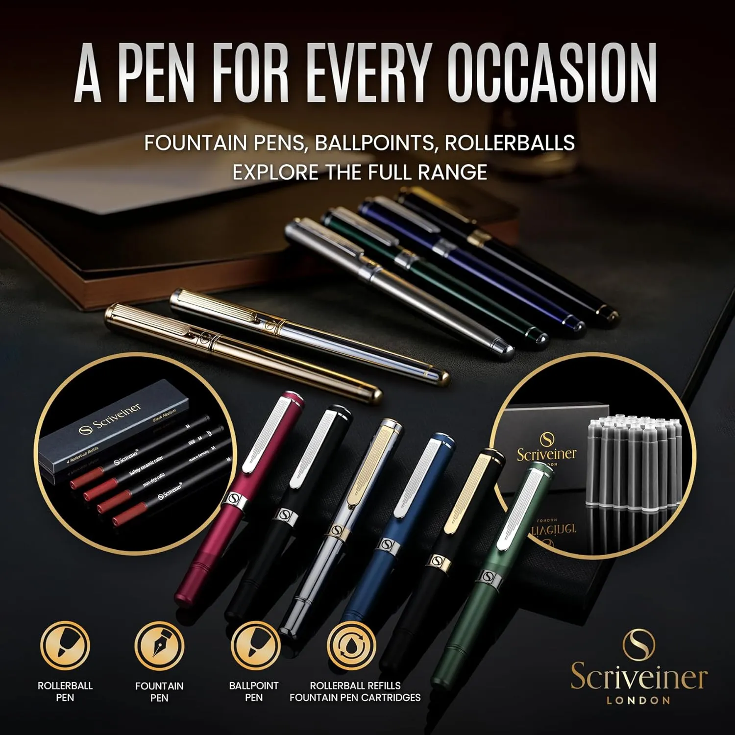Pen - Stunning Luxury Pen with congenial Austrian 24K Gold Finish, Schmidt Black Refill, Best Ball Pen Gift Set for Men & Women, Professional, Executive, Office Scriveiner Silver Chrome Ballpoint 