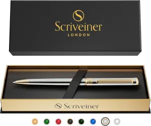 Pen - Stunning Luxury Pen with congenial Austrian 24K Gold Finish, Schmidt Black Refill, Best Ball Pen Gift Set for Men & Women, Professional, Executive, Office Scriveiner Silver Chrome Ballpoint 