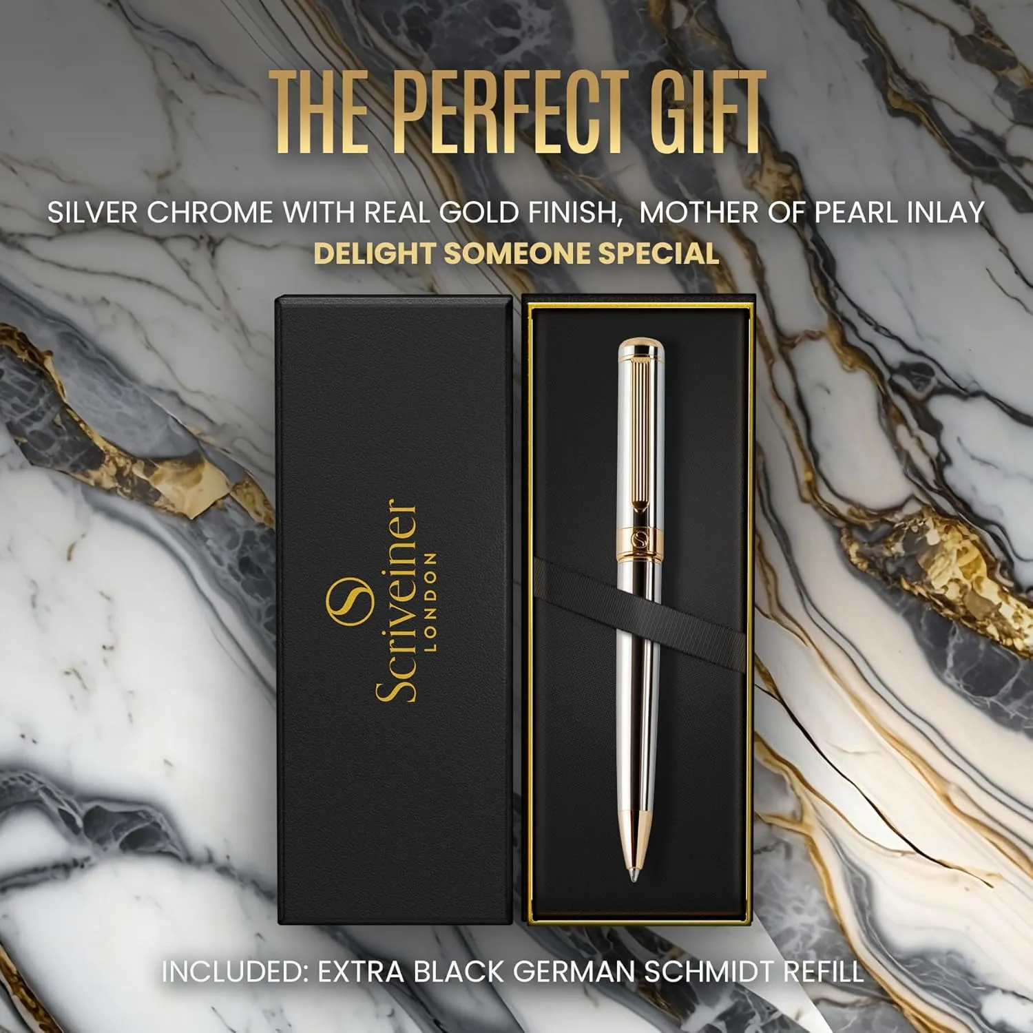 Pen - Stunning Luxury Pen with congenial Austrian 24K Gold Finish, Schmidt Black Refill, Best Ball Pen Gift Set for Men & Women, Professional, Executive, Office Scriveiner Silver Chrome Ballpoint 