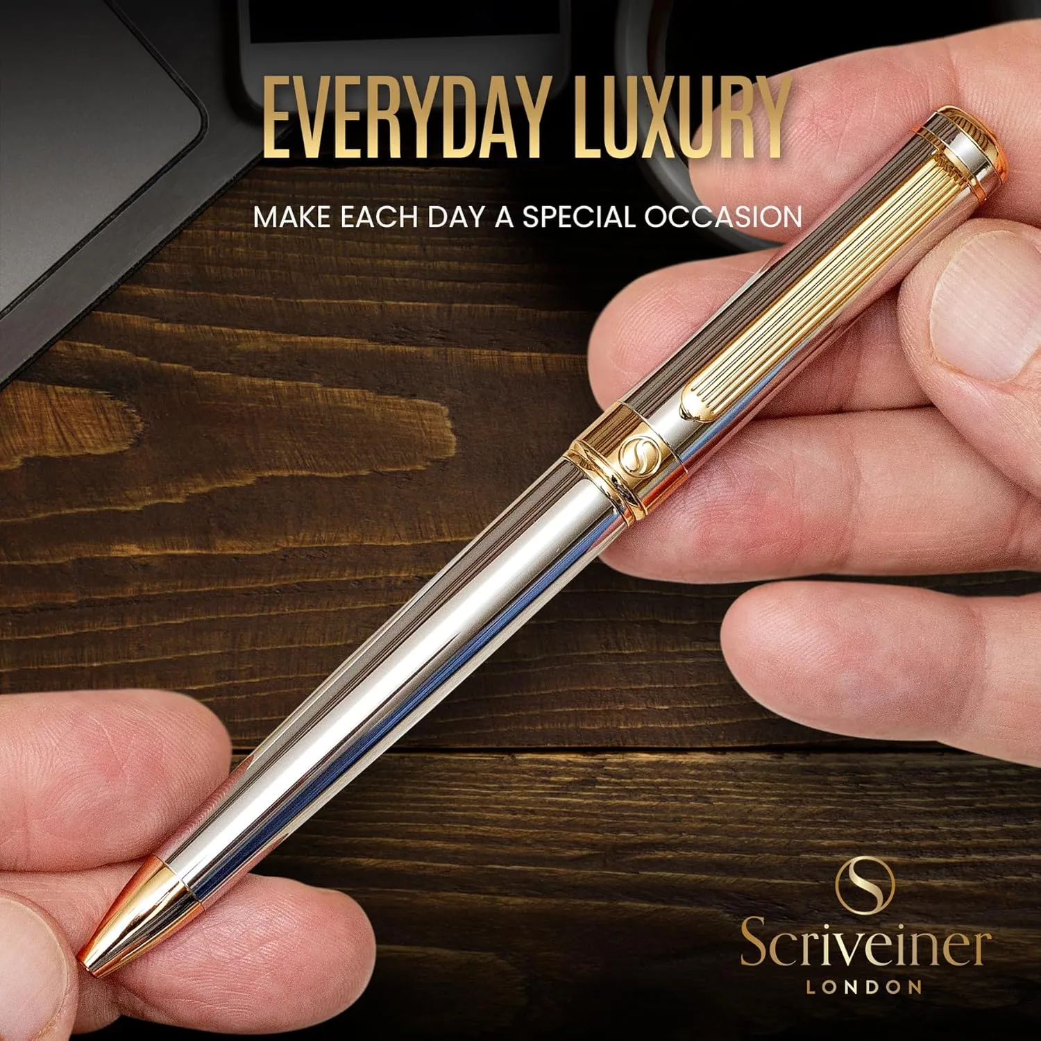 Pen - Stunning Luxury Pen with congenial Austrian 24K Gold Finish, Schmidt Black Refill, Best Ball Pen Gift Set for Men & Women, Professional, Executive, Office Scriveiner Silver Chrome Ballpoint 
