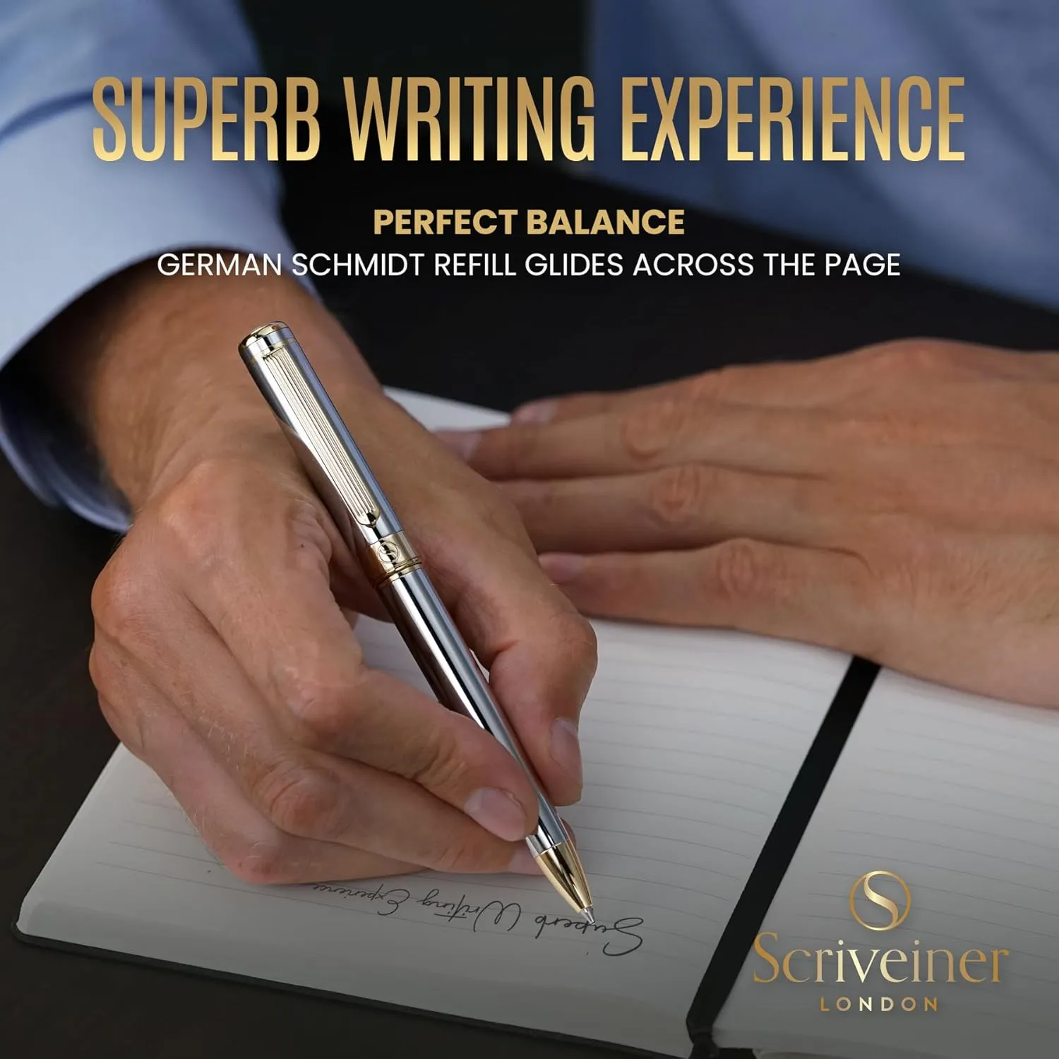 Pen - Stunning Luxury Pen with congenial Austrian 24K Gold Finish, Schmidt Black Refill, Best Ball Pen Gift Set for Men & Women, Professional, Executive, Office Scriveiner Silver Chrome Ballpoint 