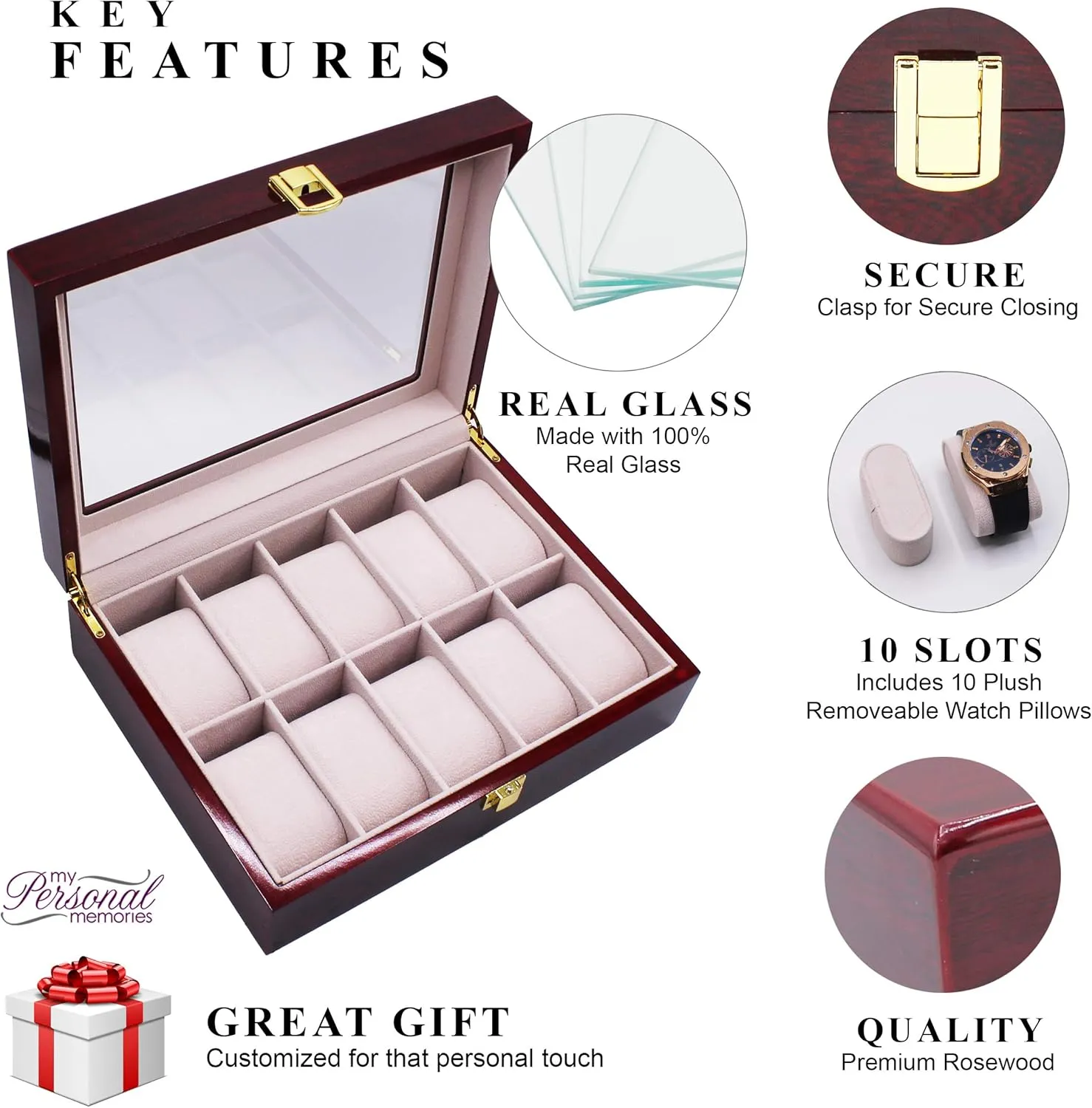 Personal Memories Customized Watch Storage Box - Groomsmen Wedding Father's Day - Personalized Engraved Monogram (Premium calculate Rosewood) My 