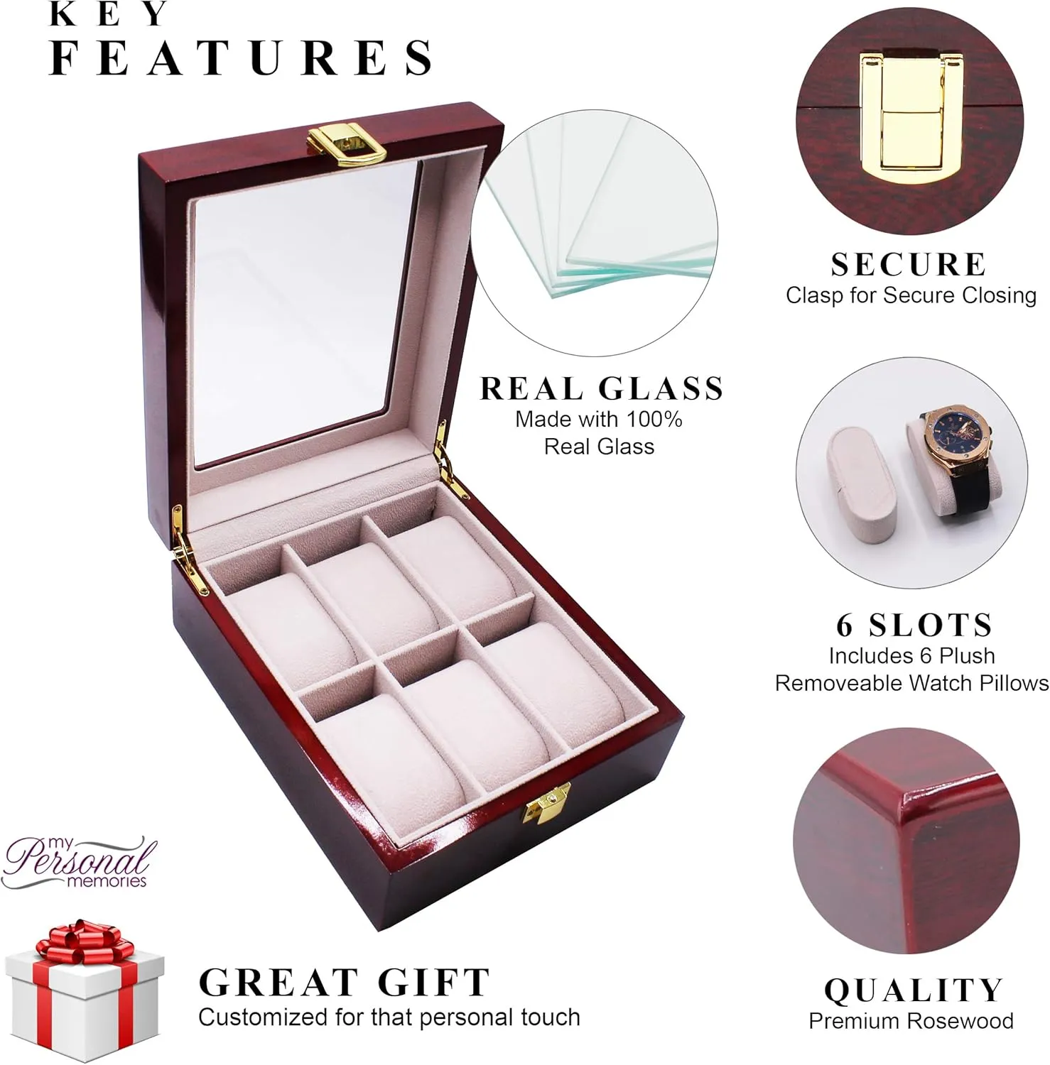 Personal Memories denounce Customized 6 Slot Watch Storage Box with Glass Display Top Customized with Name and Initial (Premium Rosewood) My 