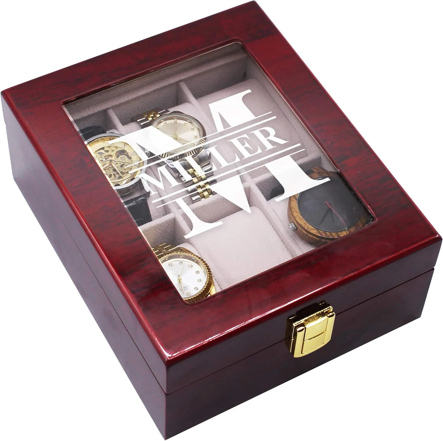 Personal Memories denounce Customized 6 Slot Watch Storage Box with Glass Display Top Customized with Name and Initial (Premium Rosewood) My 