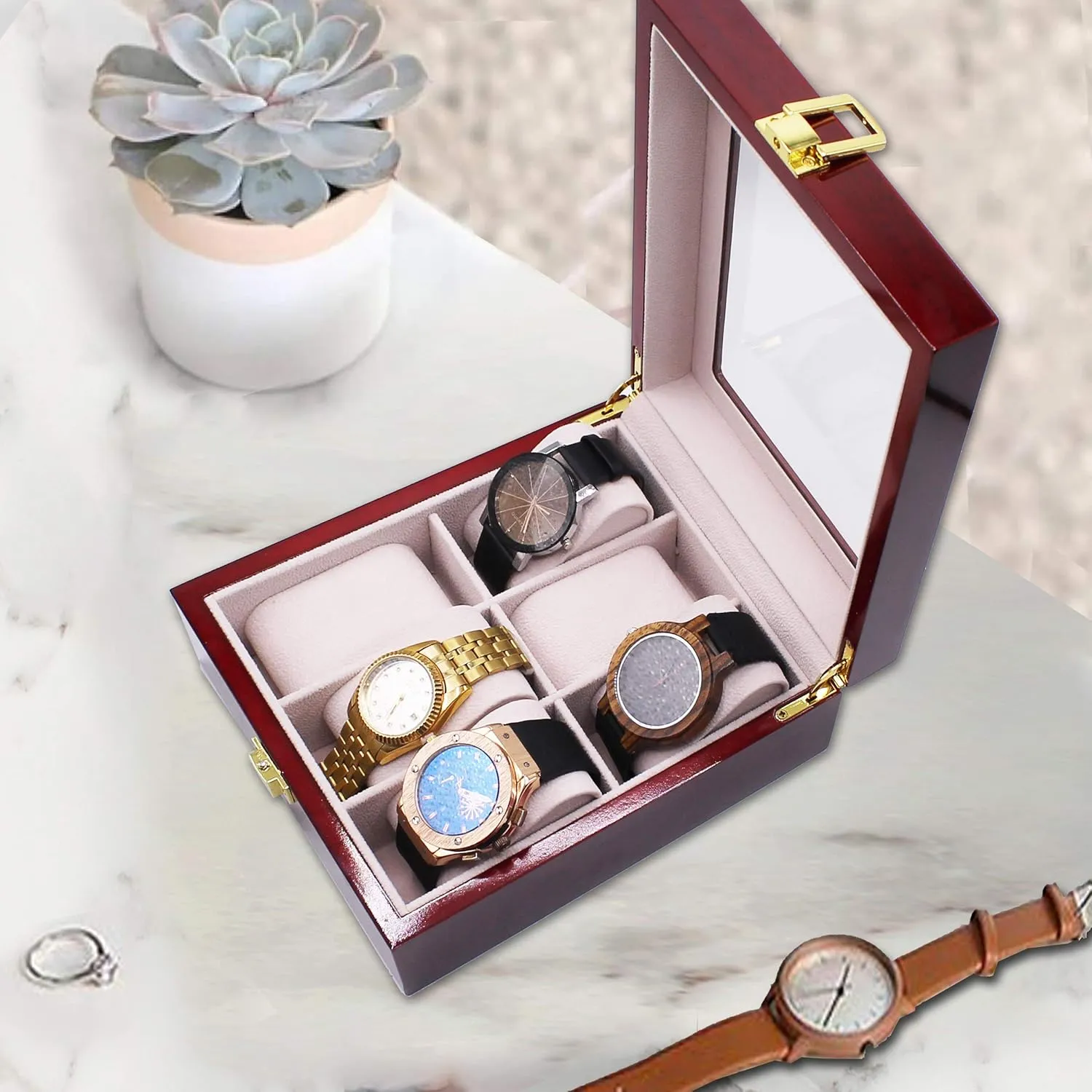 Personal Memories denounce Customized 6 Slot Watch Storage Box with Glass Display Top Customized with Name and Initial (Premium Rosewood) My 