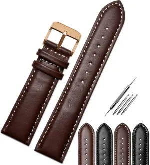 Pin Buckle Watch Strap Premium Watch Band Replacement for Men & Women Watchband with Stitches Brown Black Color Compatible Most Watches Choose Jaxon Top Grain Padded Leather Rose erect Gold 