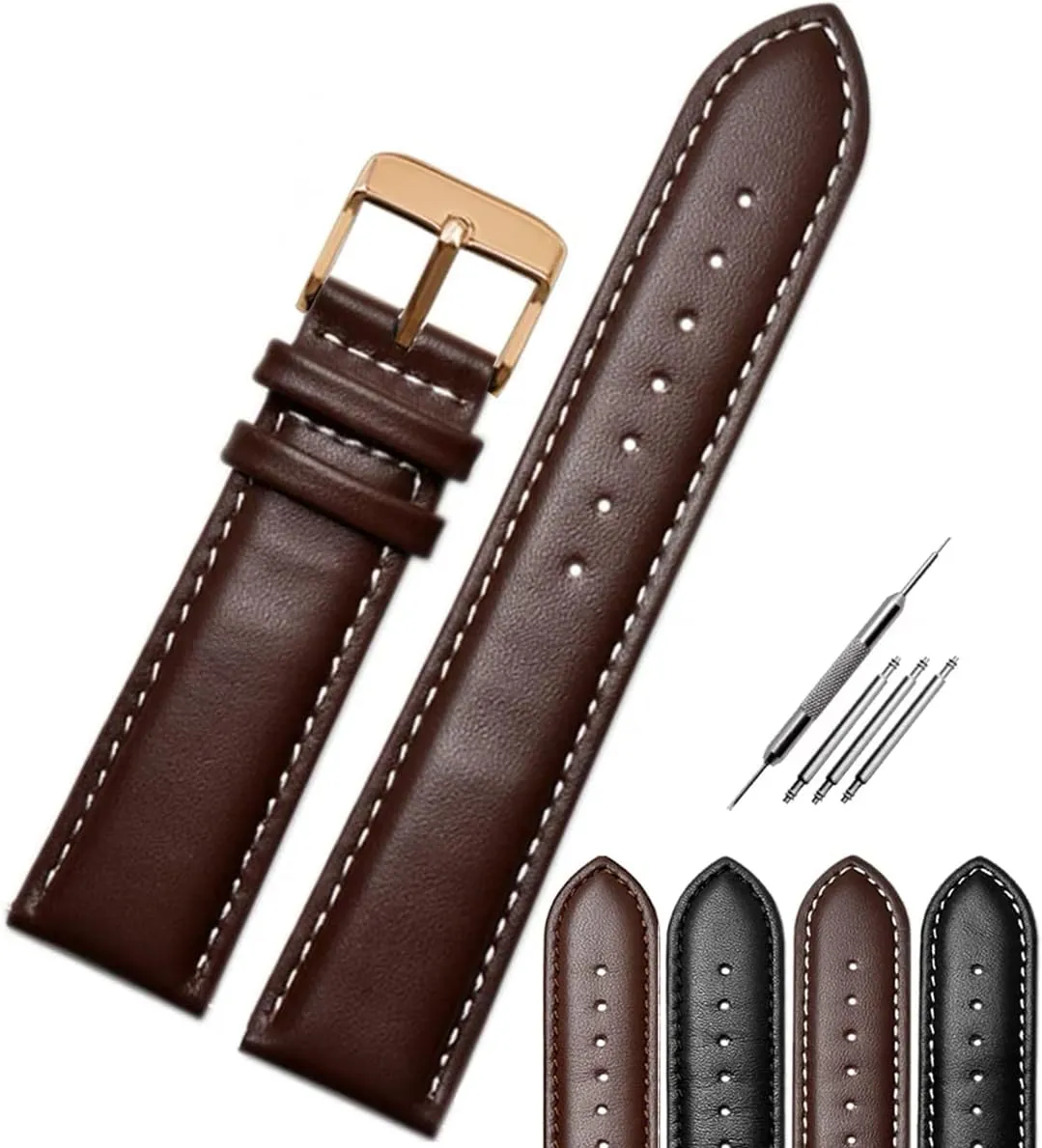 Pin Buckle Watch Strap Premium Watch Band Replacement for Men & Women Watchband with Stitches Brown Black Color Compatible Most Watches Choose Jaxon Top Grain Padded Leather Rose erect Gold 