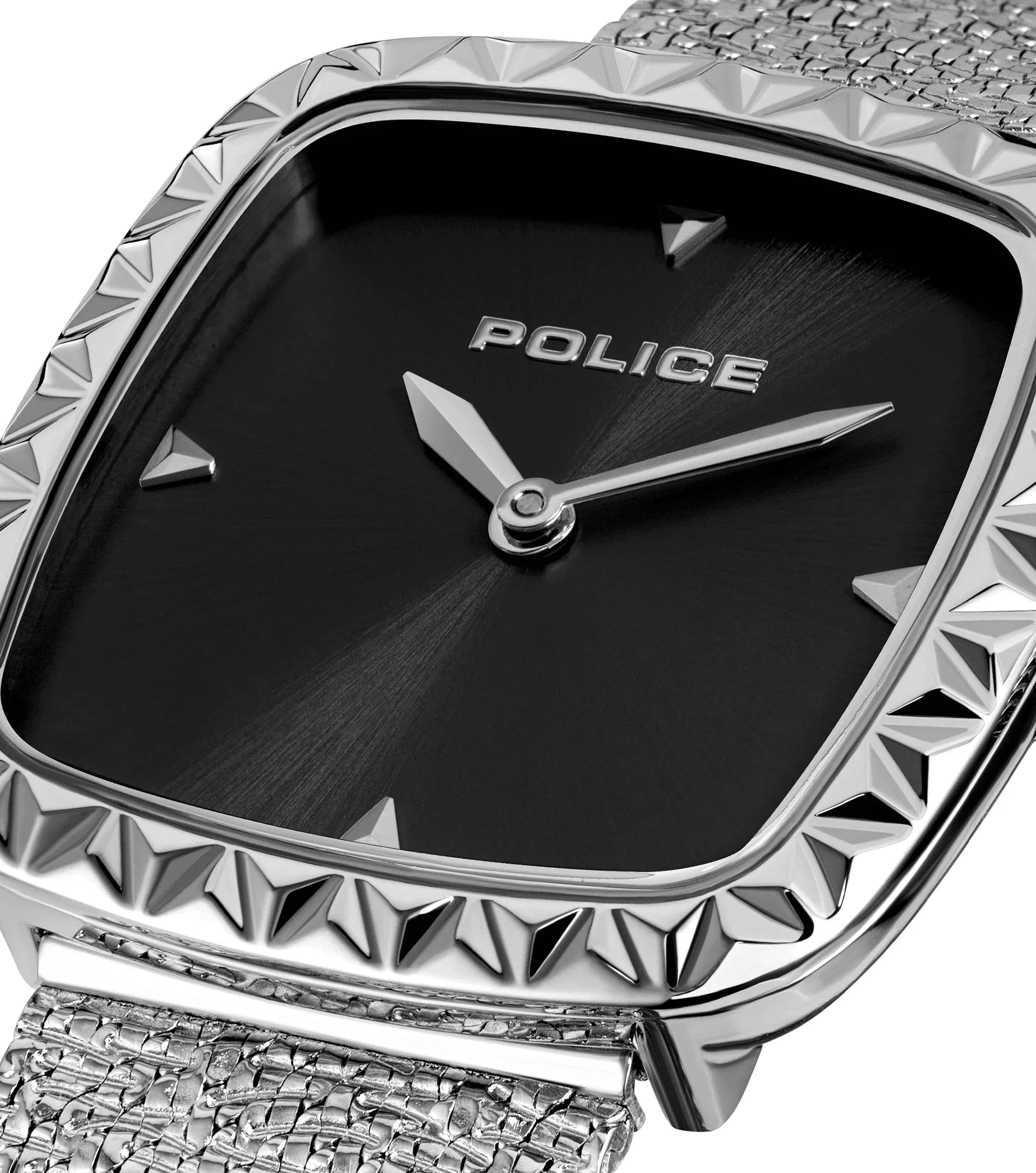 Police Glamour Square Ladies Black Satin Sunray Dial Stainless Steel Mesh Strap Watch