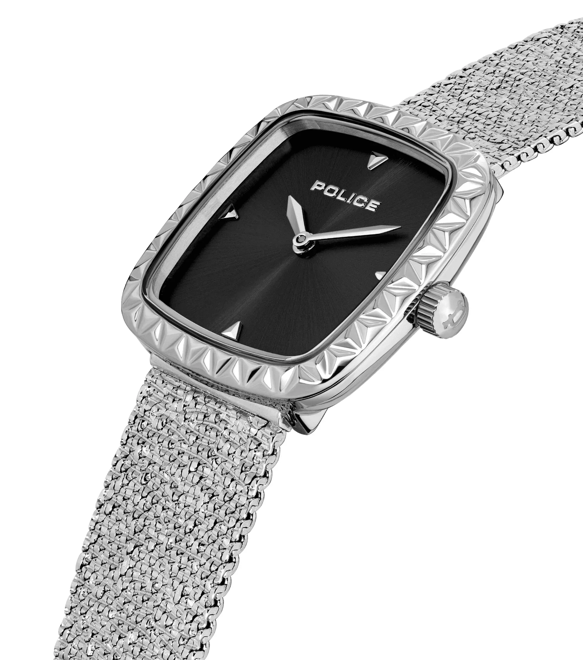 Police Glamour Square Ladies Black Satin Sunray Dial Stainless Steel Mesh Strap Watch