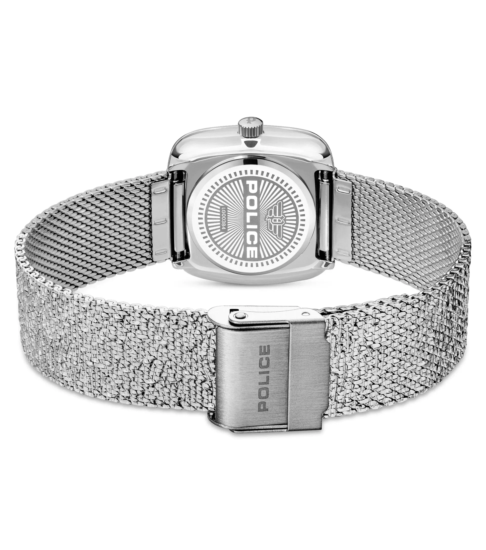 Police Glamour Square Ladies Black Satin Sunray Dial Stainless Steel Mesh Strap Watch