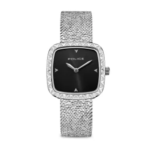 Police Glamour Square Ladies Black Satin Sunray Dial Stainless Steel Mesh Strap Watch