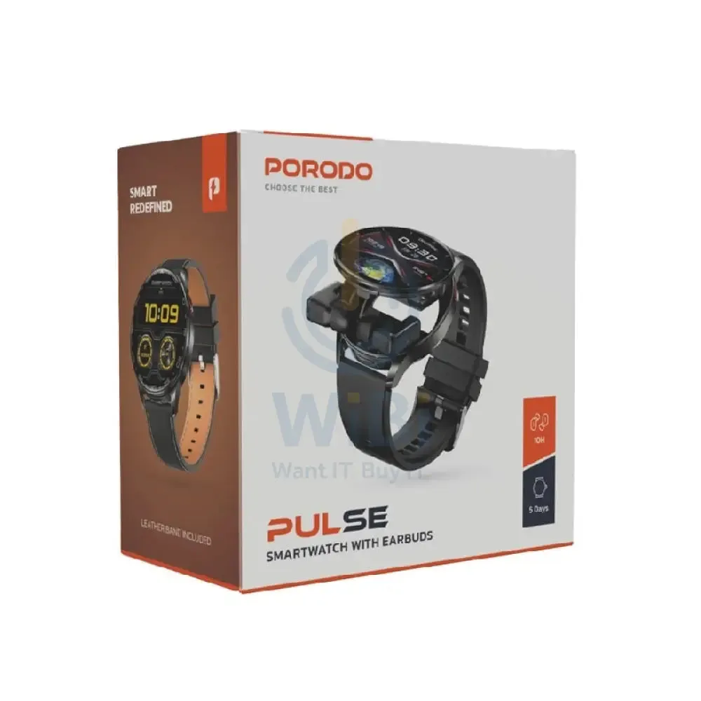 Porodo Pulse Smartwatch With Earbuds - 300mAh / Black