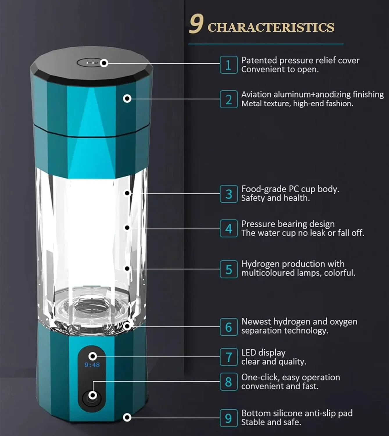 Portable Hydrogen wither press Water Generator Bottle, for Adult Sports Outdoor Office Molecular Hydrogen Water Bottle, 208ml Hydrogen Rich Water Cup, Rechargeable 